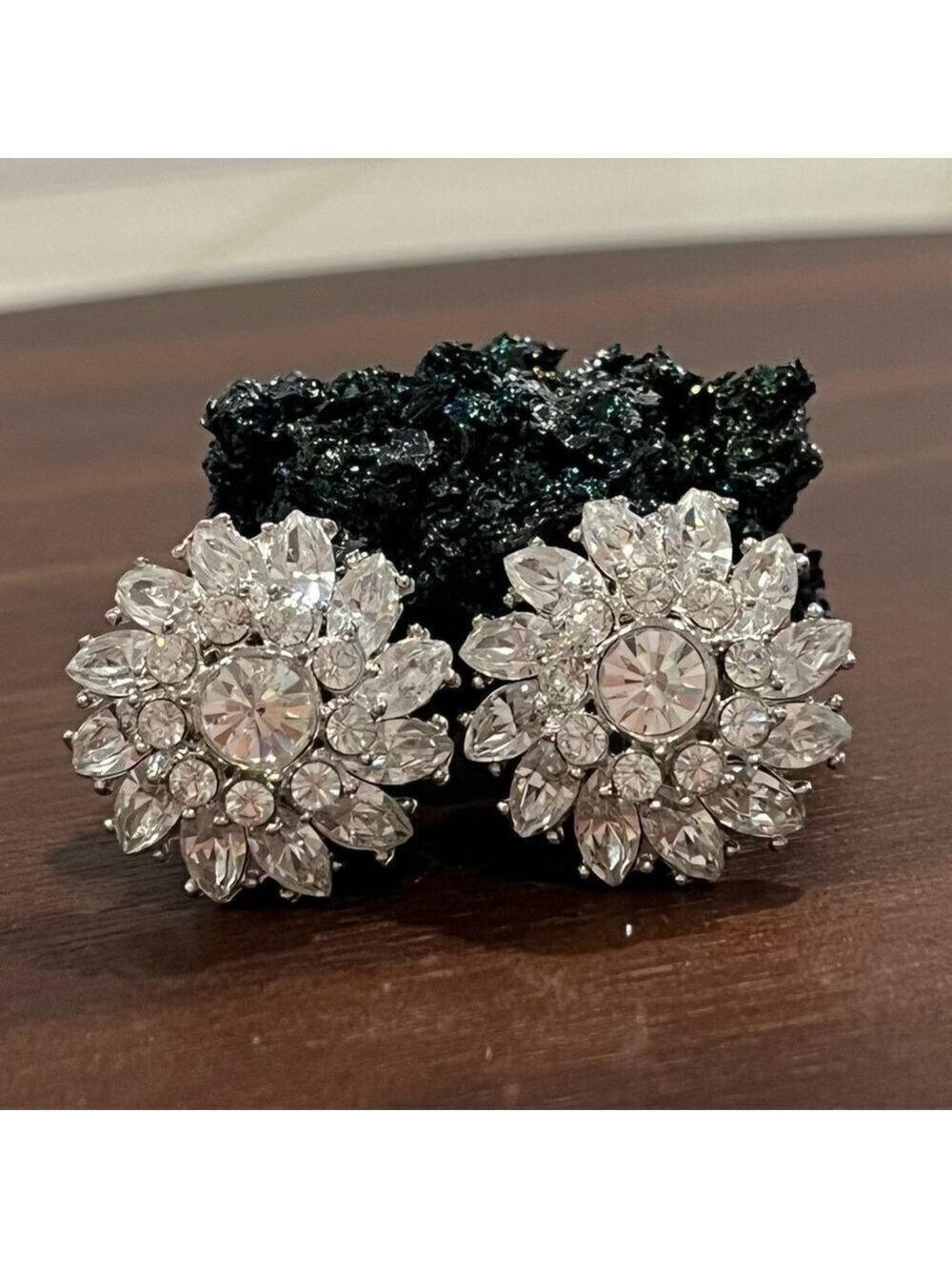 Vintage Crystal Clip-On Earrings Sparkling Silver-Tone Statement Floral Design